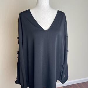 Adrianna Papell Black V-Neck Blouse Bow Sleeve Detail